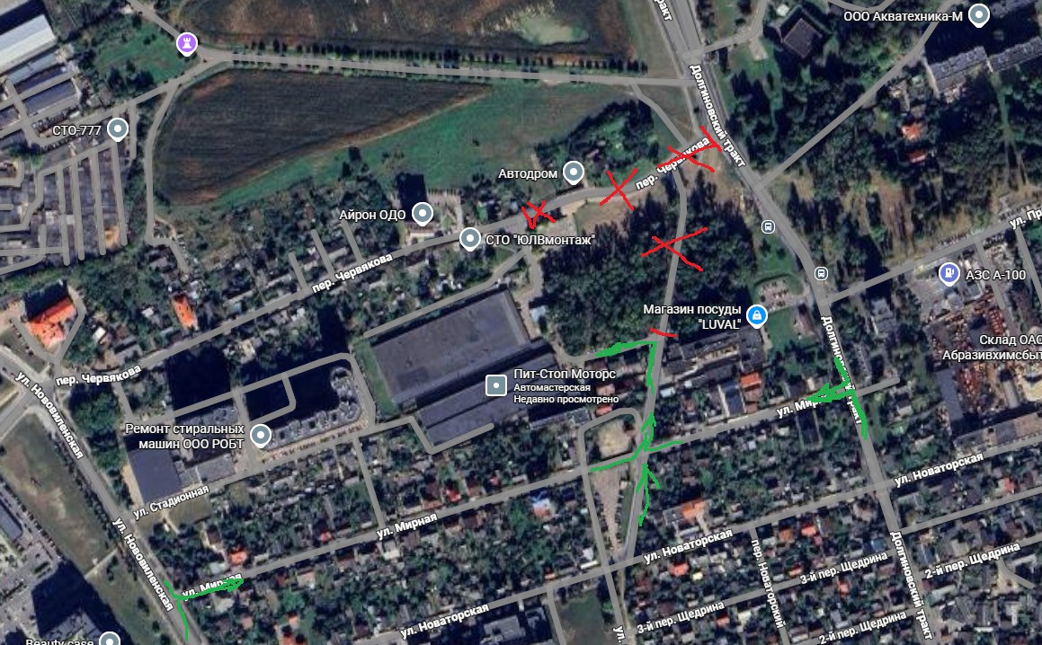 Схема проезда к Pit-Stop (ул. Стадионная, 14) в объезд дорожных работ: красным — перекрытия, зелёным — маршрут